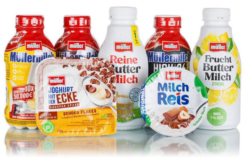 Products of the company Theo Müller such as Buttermilk Müllermich and yoghurt Freisteller freisteller isolated