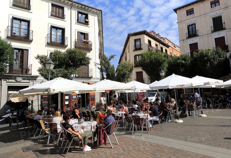 Pavement street cafe in Plaza de San Ildefonso square, Malasana, Madrid city centre, Spain, Europe