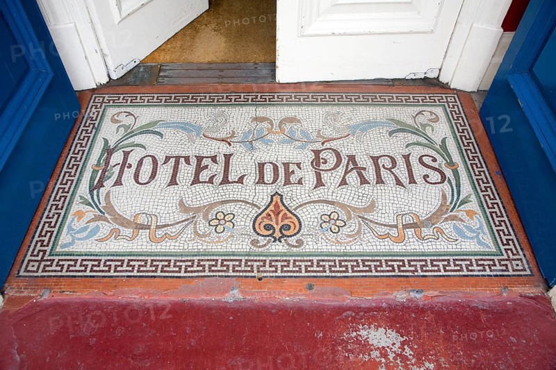 Architectural detail of entrance door mosaic Hotel de Paris in the seaside town of Cromer, north Norfolk coast, England, United Kingdom, Europe