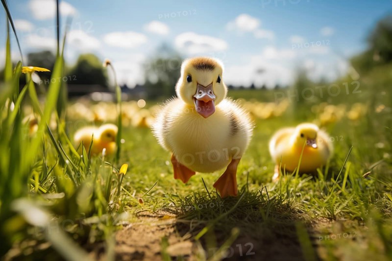 A close-up of a cute duckling standing in a sunlit meadow, with other ducklings and wildflowers in the background, AI generated