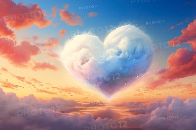Painting of a heart-shaped cloud illuminated by the warm hues of sunset, floating above a serene sea of clouds. For love, romance, tenderness and Valentine day design, AI generated