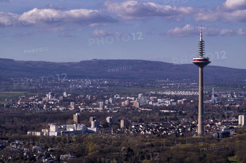 View from the viewing platform of the Maintower to the Europaturm, telecommunications tower, television tower, Taunus, Frankfurt am Main, Hesse, Germany, Europe