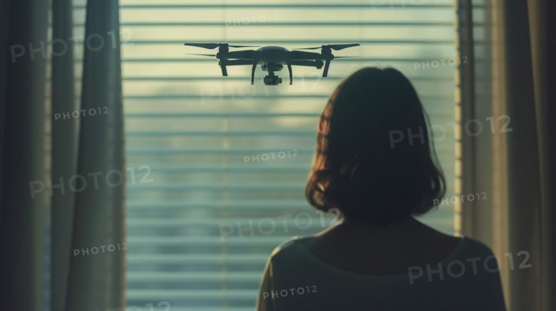Woman seeing A UAV unmanned aircraft drone flying just outside the window of her house, AI generated