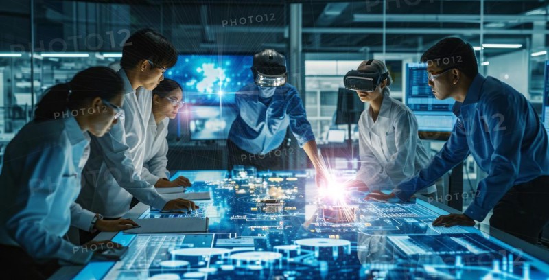 CPU virtual 3D modeling for PC, mobile devices and chips. Engineers in lab, virtual visualization, AI generated
