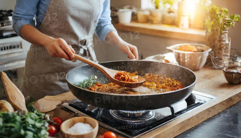 A woman is cooking food in a pan on a stove. She is using a wooden spoon to stir the food. The kitchen is well-equipped with various utensils and appliances, including a bowl, a bottle, and a cup, AI generated