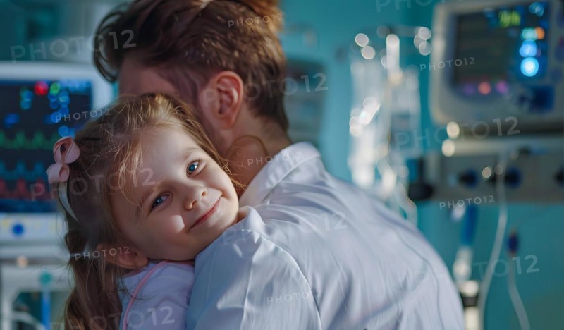 Doctor hugging little girl in hospital room. Smiling young girl being held by a doctor, AI generated