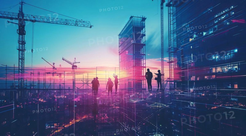 Construction of panoramic financial center skyline, business development center and condos, AI generated