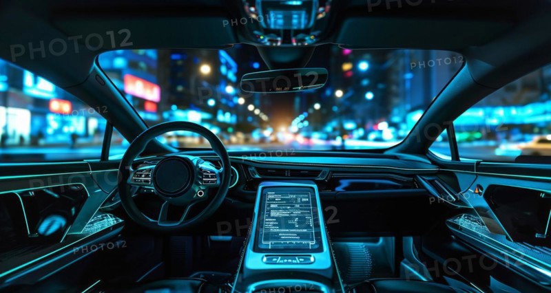 Autonomous self-driving smart car on the streets of the city powered by AI technology, AI generated