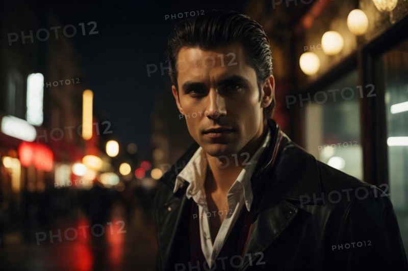 A handsome young man in a black coat in front of a red sign of a pub. The image has a dark and moody atmosphere, with the man's expression and the lighting creating a sense of mystery and intrigue, AI generated
