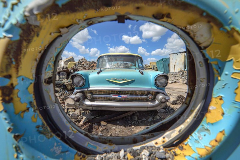 An old, weathered and dusty US-American classic car, wreck, of the type Chevrolet Bel Air from the 50s stands on a junkyard, symbolic image for restoration, repair, restoration of historical cultural assets, AI generated, AI generated, AI generated