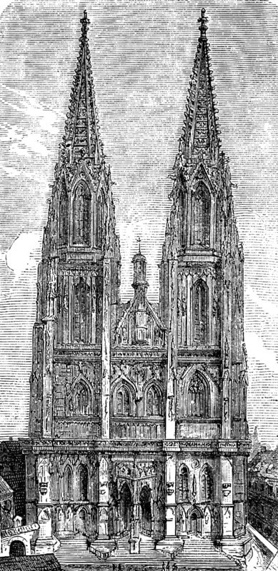 St Peter's Cathedral in Regensburg, Gothic cathedral with double tower, portal, west facade, Bavaria, Germany, historical illustration 1880, Europe