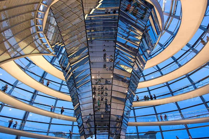 Visitors in the spiral-shaped Reichstag dome, Berlin, 21 May 2014