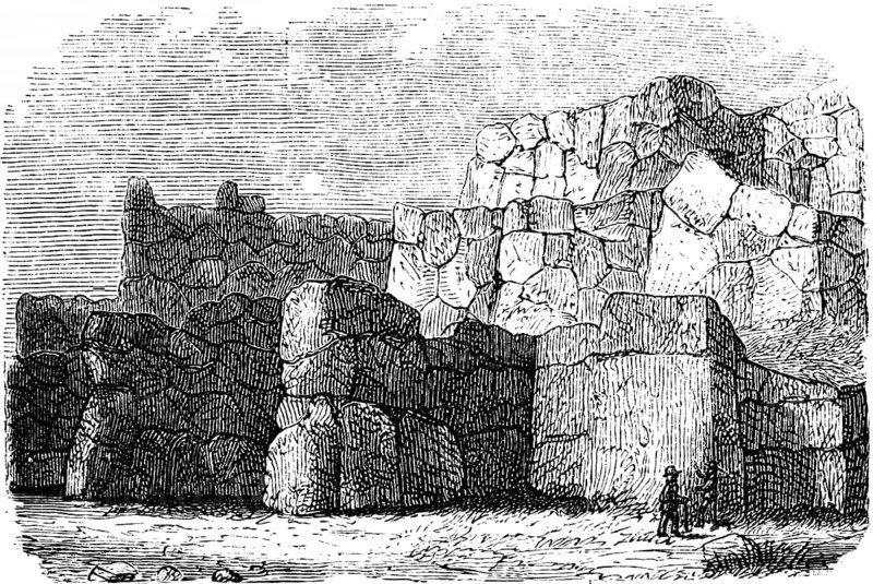 Peruvian city wall Sacsayhuamán in Cusco, Inca complex of stone walls, rocks, person, size comparison, Peru, Latin America, historical illustration 1880, South America