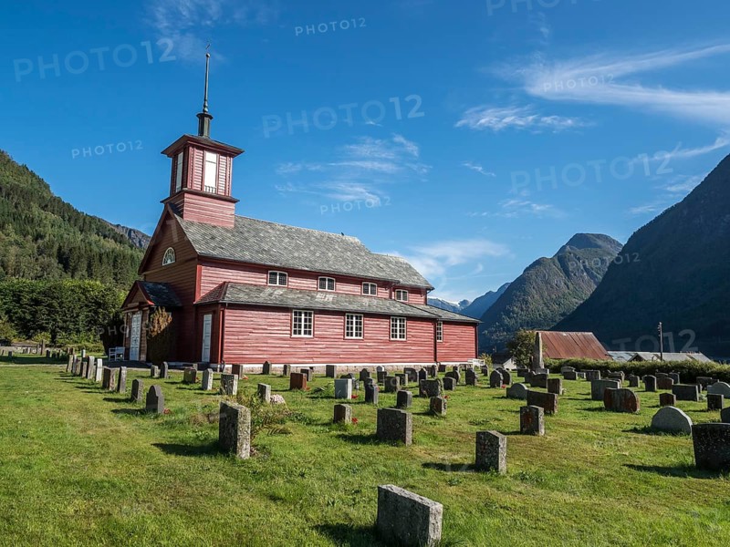 Church of village Fjaerland, the norwegian book town at the Sognefjord, Norway, Europe