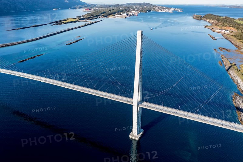 Aerial view of Helgeland bridge, connecting Sandnessjøen with the norwegian mainland, Norway, Europe