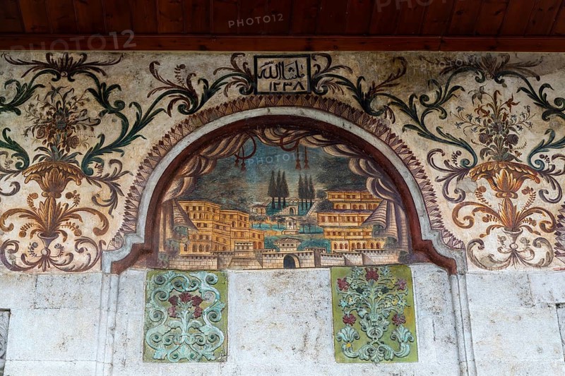Historic Islamic artwork on outside wall of Et'hem Bej Mosque, Tirana, Albania, Europe