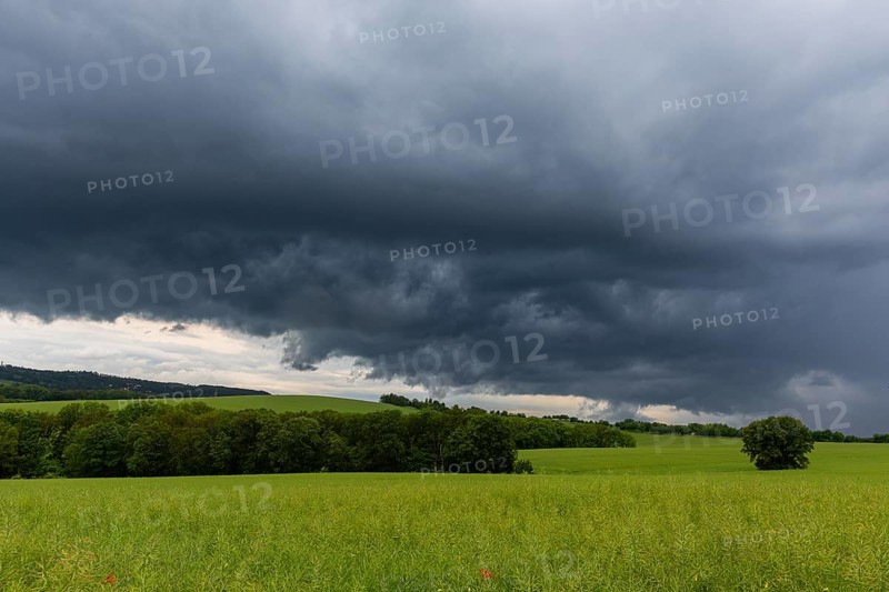 Heavy rain showers and thunderstorms over Possendorf in the Eastern Ore Mountains, Possendorf, Saxony, Germany, Europe