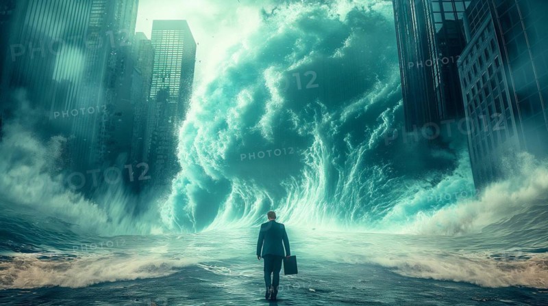 Disheartened businessman standing in the city in the midst of aproaching turbulent crashing waves. feeling of overwhelming demands, generative AI, AI generated