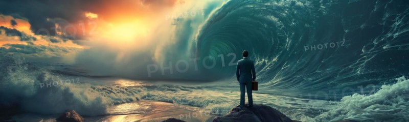 Banner of disheartened businessman standing on the shore in the midst of approaching turbulent crashing waves. feeling of overwhelming demands and impending doom, generative AI, AI generated