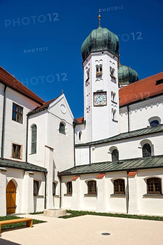 Romanesque monastery church of St Lambert, inner courtyard of the Benedictine abbey Kloster Seeon am Klostersee, Seeon-Seebruck, Chiemgau, Upper Bavaria, Bavaria, Germany, Europe