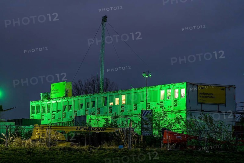 Construction site, construction container, office container, secured by BauWatch, camera surveillance, object in the green light of the surveillance camera, company for construction site security, surveillance, protection against theft and vandalism