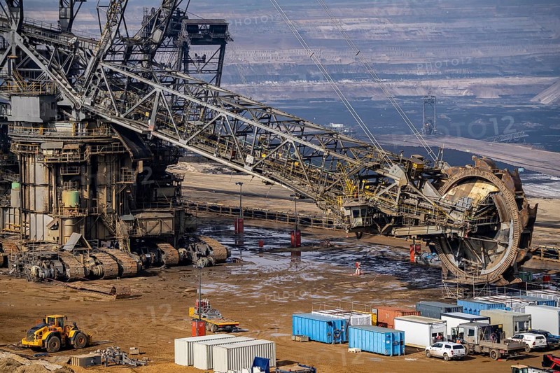 Garzweiler opencast lignite mine, bucket wheel excavator undergoing maintenance and repair, near Jüchen, North Rhine-Westphalia, Germany, Europe
