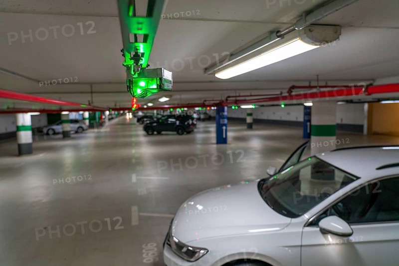 Underground car parks, multi-storey car parks, red or green lamps on the ceiling, show drivers whether a parking space is free or occupied, and thus also measure the utilisation of the parking space and indicate at the entrances where there are still how many free parking spaces North Rhine-Westphalia, Germany, Europe