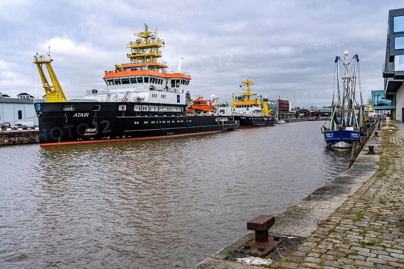 Ship Atair and ship Wega, survey, wreck search and research vessel (VWFS) of the Federal Maritime and Hydrographic Agency, BSH, in the fishing harbour, with LNG propulsion, Kohlenkai, Bremerhaven, Bremen, Germany, Europe