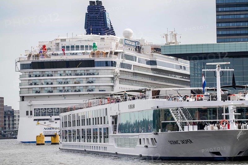 The cruise ship Norwegian Dawn at Passenger Terminal Amsterdam, Cruise Port Amsterdam, belongs to Norwegian Cruise Line, river cruise ship, Netherlands