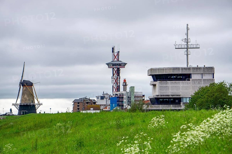 The Oranjedijk, on the Westerschelde near Vlissingen, on the left the Oranjemolen, observation tower Arsenalturm, VTS-Scheldt control centre, shipping traffic control centre for the Westerschelde, Zeeland, Netherlands