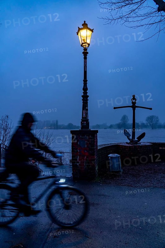 High water on the Rhine at Düsseldorf-Kaiserswerth, foggy weather, riverside paths and Rhine meadows are partly flooded, the Rhine ferry has stopped operating, initial restrictions on shipping apply, Düsseldorf, North Rhine-Westphalia, Germany, Europe