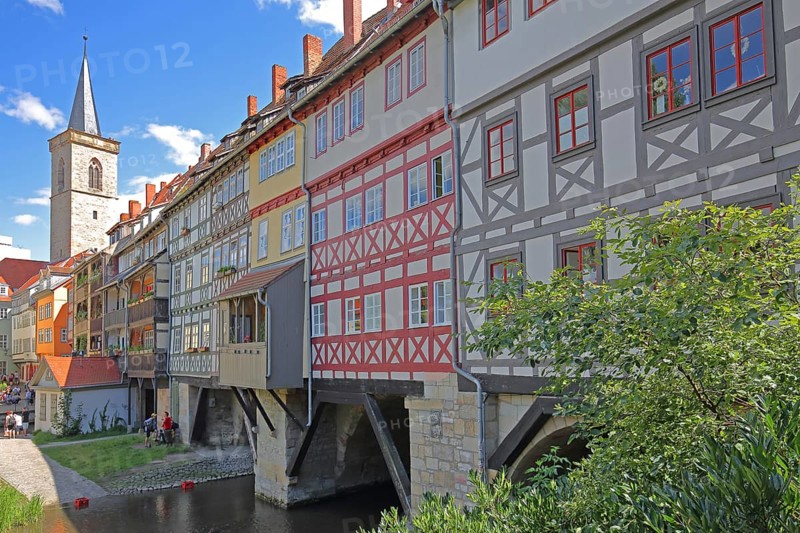 Famous Krämerbrücke and Gothic Ägidienkirche with river Gera, idyll, half-timbered houses, bridge houses, church tower, Erfurt, Thuringia, Germany, Europe