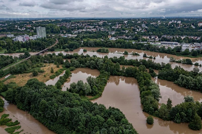 Flood on the Ruhr, after long heavy rainfall the river left its bed and flooded the countryside and villages, the highest water level ever recorded, Ruhr near Essen-Steele, North Rhine-Westphalia, Germany, Europe