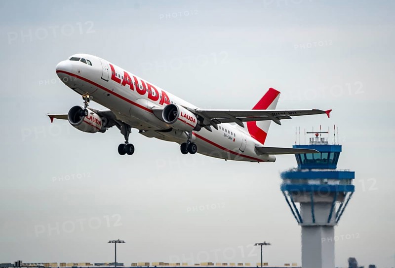 Cologne-Bonn Airport, CGN, Lauda Air, Airbus on take-off, German Air Traffic Control Tower, Cologne, North Rhine-Westphalia, Germany, Europe