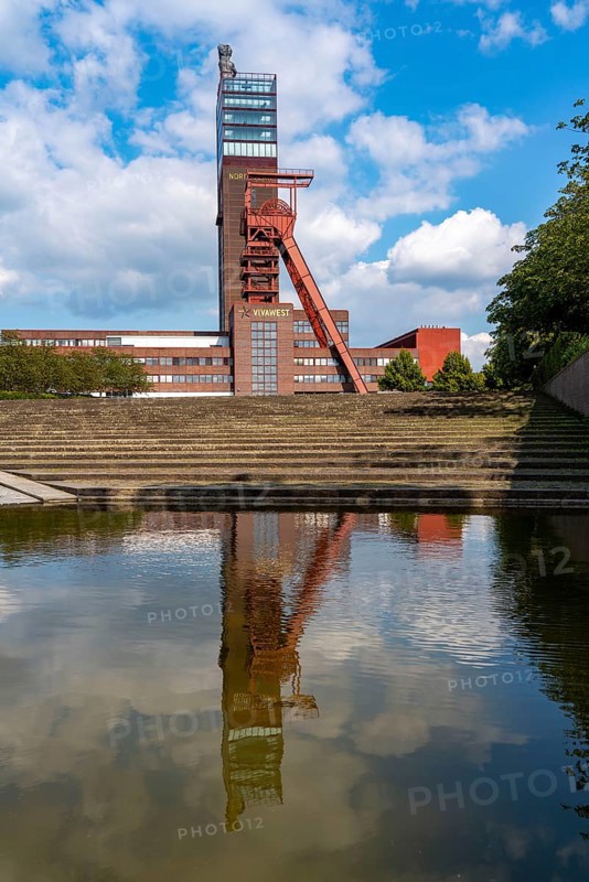 Nordsternpark, former site of Nordstern colliery, pithead tower, Nordstern tower, Hercules sculpture, headquarters of housing provider Vivawest in Gelsenkirchen, North Rhine-Westphalia, Germany, Europe