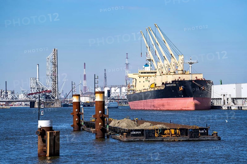 The port of Antwerp, on the Scheldt, is the second largest seaport in Europe, freighter harvester at Antwerp Bulk Terminal, Flanders, Belgium, Europe