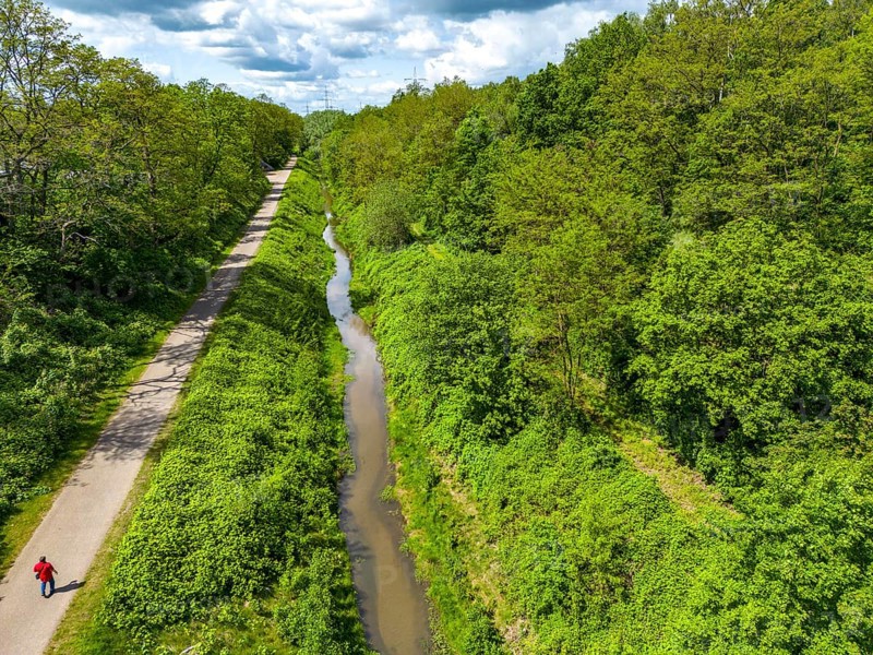 The Boye, stream, runs for 13.8 km through the towns of Gladbeck, Bottrop (photo) and Essen, a former cesspit, sewage river, since 2017 the sewage has been canalised, the Boye is sewage-free and in large parts, as here in Bottrop, renaturalised, along the Rheinbaben slag heap, part of the Emscher conversion project, North Rhine-Westphalia, Germany, Europe