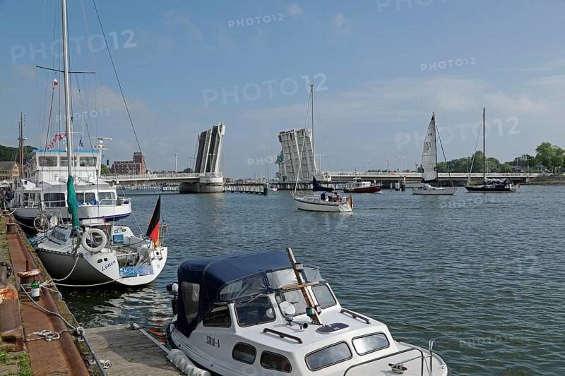 Open bascule bridge, boats, harbour, Kappeln, Schlei, Schleswig-Holstein, Germany, Europe