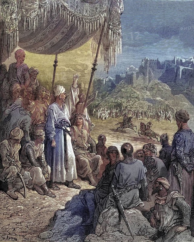 A friendly tournament during the third crusade in 1189, Historical, digitally restored reproduction from a 19th century original, Record date not stated