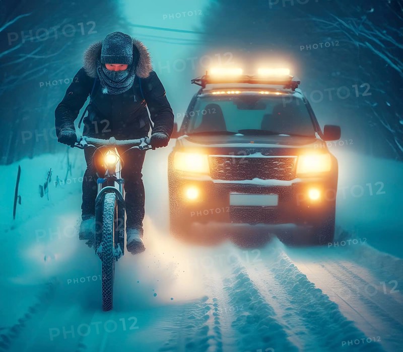 A cyclist rides in front of a car with headlights switched on in the dark in snow, generated with AI, AI generated
