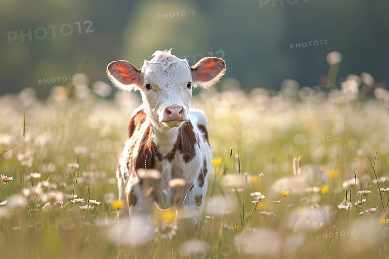 Cute young brown and white calf on sunny meadow with flowers, AI generated