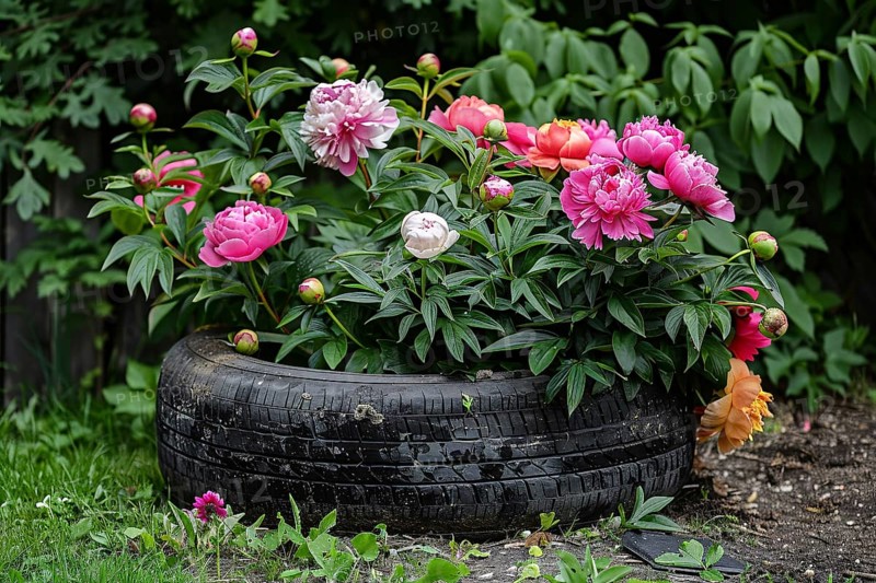 Upcycling idea with old car tire used as creative flower pot for peony flowers. Generative Ai, AI generated