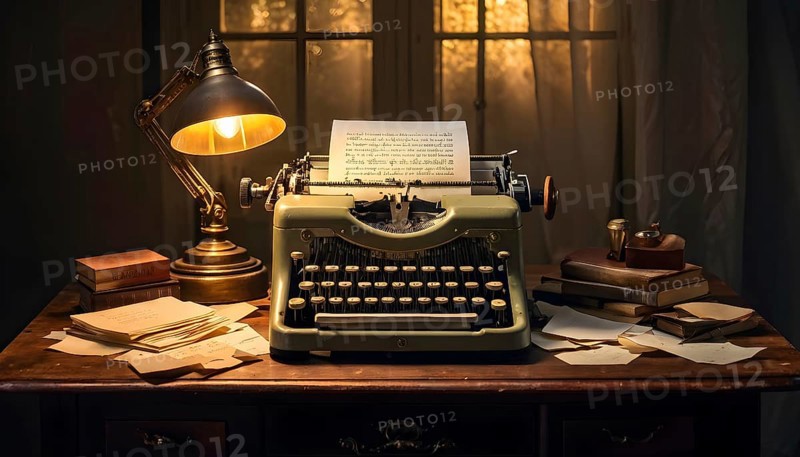Antique typewriter sitting on a weathered wooden desk, with crumpled papers scattered around, AI generated
