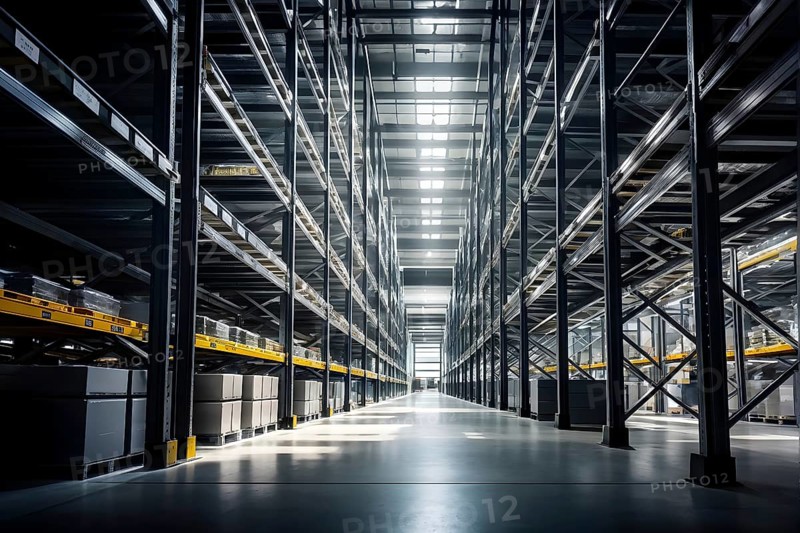 Modern automatized high rack warehouse interior with pallets and boxes, AI generated