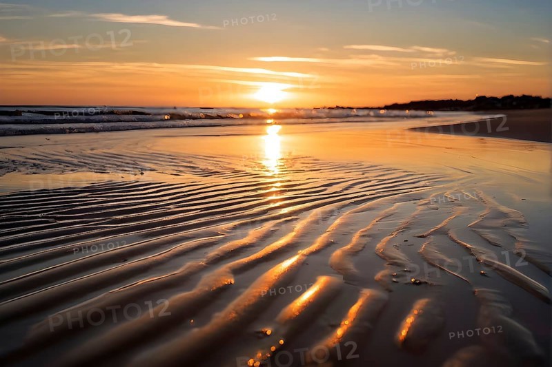 Sunset mood on a whispering tranquil costal landscape with sandy beach, AI generated
