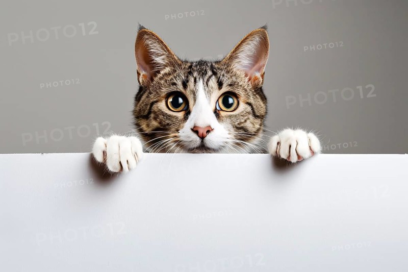 Tabby cat holding empty white paper in front of gray studio background with copy space. Generative Ai, AI generated