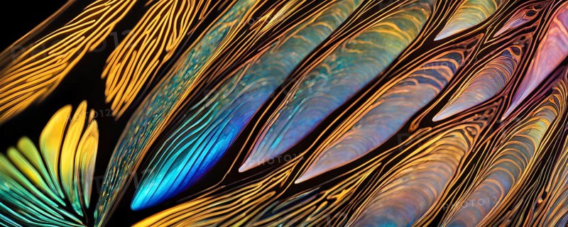 Vibrant butterfly wing with iridescent scales and network of veins, AI generated