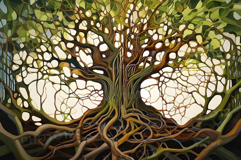 Abstract illustration depicting the branching patterns of tree roots representing natural optimization in structural engineering, AI generated