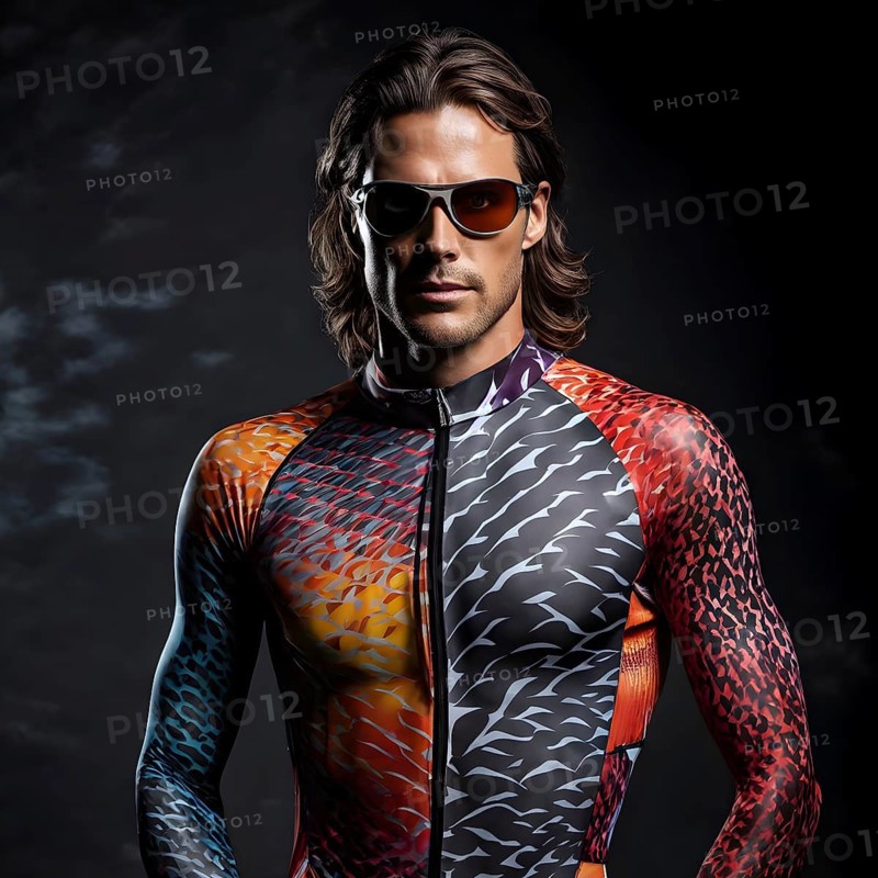 Male athlete in an innovative swimsuit emulating shark skins textures, AI generated