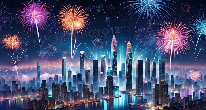 Wallpaper illustration of a cityscape on New Year's Eve, with glowing skyscrapers and floating holographic fireworks, blending a sense of festive atmosphere, AI generated
